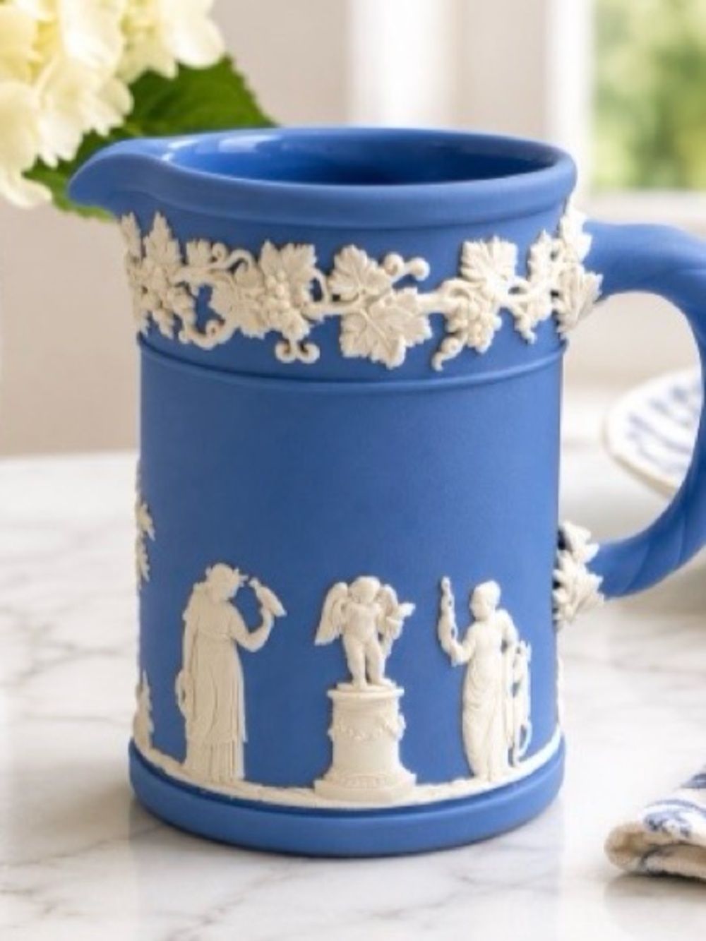 Wedgwood Blue Jasperware Creamer Pitcher White Classical Figures England 4"